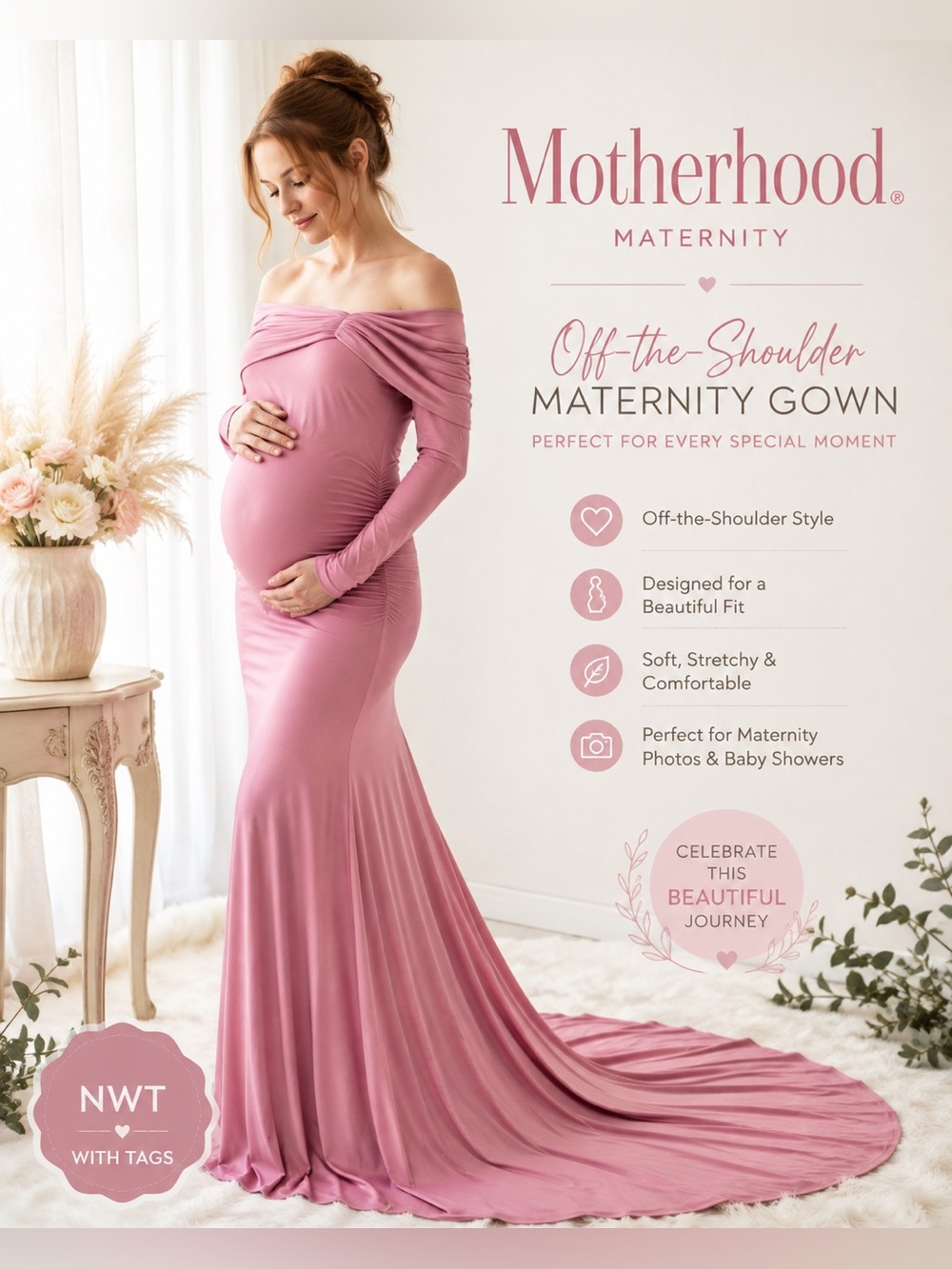 Motherhood Maternity NWT Pink Off Shoulder Maternity Gown Dress L